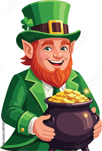 A Smiling Leprechaun Holding a Pot of Gold A St