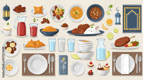 Ramadan Iftar Meal Table Setting and Food Items Collection
