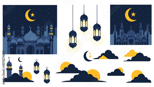 Islamic Cultural Elements and Celestial Symbols for Festive Occasions