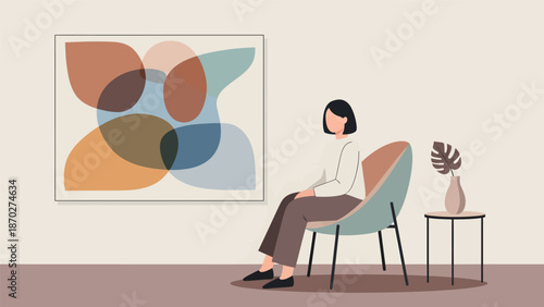 Woman sitting in a chair, contemplating art in a modern setting.