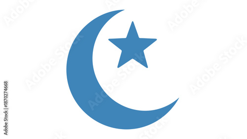 Blue Crescent Moon and Star Symbol on White Background