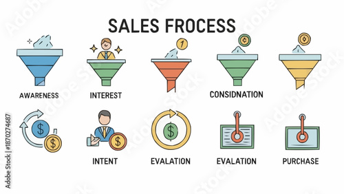 Sales Process Funnel Stages Diagram Business Concept.
