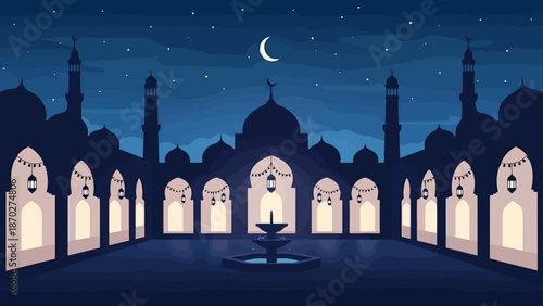 Moonlit Islamic Courtyard with Mosque Silhouettes and Lanterns