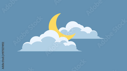 Crescent Moon Emerging From Fluffy Clouds Against A Clear Blue Sky
