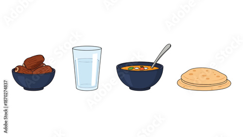 Ramadan Iftar Meal Dates Water Soup and Bread Icons for Healthy Nourishment