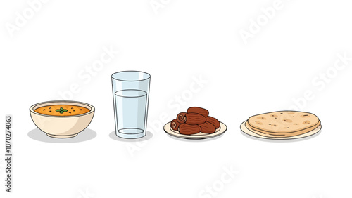 Traditional Meal Elements Lentil Soup Water Dates Flatbread for Breaking Fast
