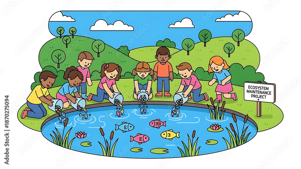 Obraz premium Children Feeding Fish in a Serene Pond Surrounded by Lush Greenery