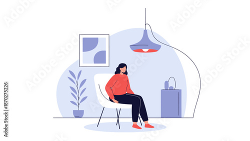 Woman sitting on a chair in a room, looking relaxed and contemplative.