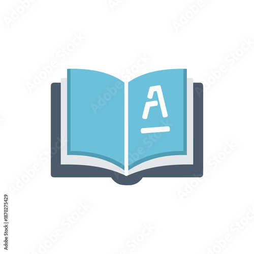 Open book with a stylized letter A on one page, symbolizing knowledge and learning in an educational context, representing literature and study