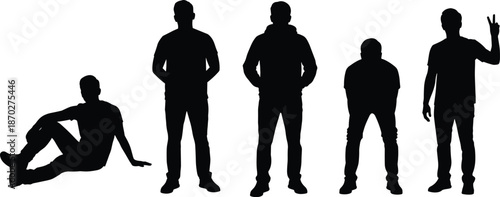 Young men silhouettes standing sitting posing making peace sign isolated on white background casual lifestyle people vector illustration set