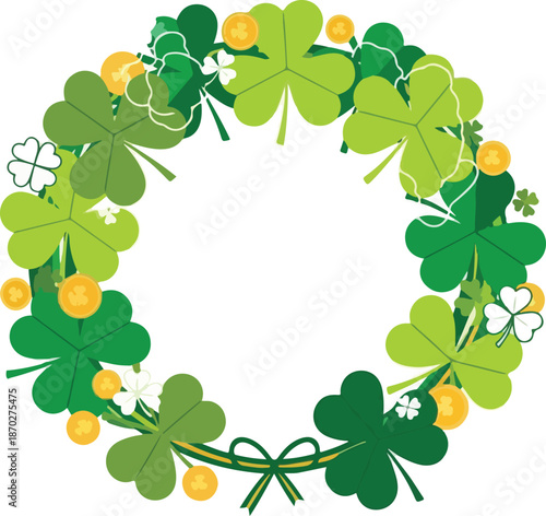 A vibrant green shamrock wreath adorned with flowers and coins, symbolizing good fortune and celebration.