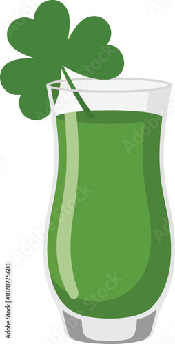 A glass of green drink with a shamrock garnish on a white background viewed from the front.