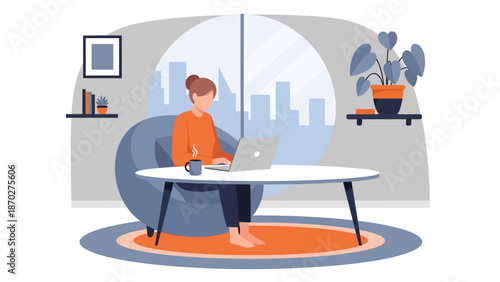 Woman working from home on laptop in comfortable setting.