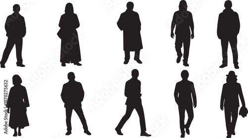 Silhouettes of people in various poses and outfits