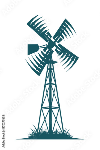 Traditional windmill with four blades on grassy base vector