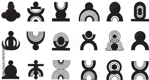 Yoga poses in black silhouette on white background