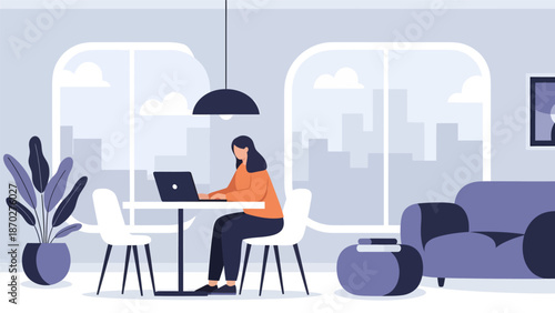 Woman working on laptop at home, focused on productivity and remote work.