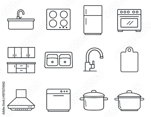 Outline kitchen icons set featuring refrigerators, stoves, sinks, and cookware for home and culinary design