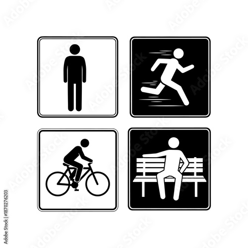Four graphic icons illustrating human activities: standing, running, cycling, and sitting on a bench, in a minimalist black and white style.