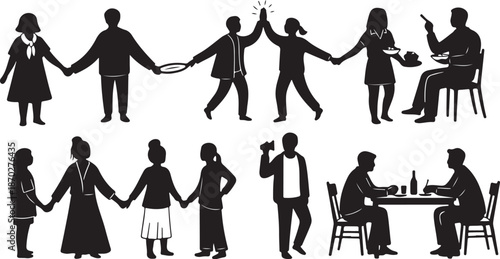 Silhouettes of people in various social interactions and relationships