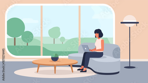 Woman working on laptop in comfortable armchair at home.