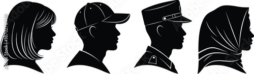 People profile silhouettes wearing hats and headscarf isolated on white background diversity culture fashion concept modern vector illustration set