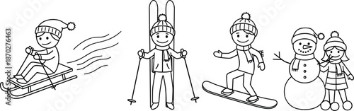 Winter activities illustration featuring children sledding skiing snowboarding and building snowman, playful cold season fun, outdoor sports, and holiday joy