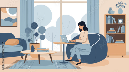 Woman working on laptop in comfortable living room setting.