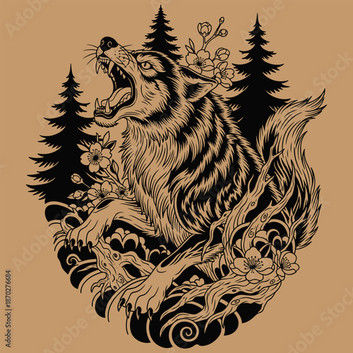 Wolf Howling in Forest Vector Illustration, Vintage Engraving Style