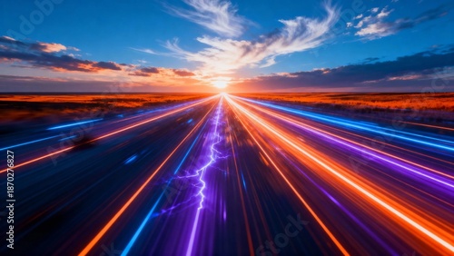 Long exposure of a highway at sunset with vibrant light trails and colorful streaks across the road