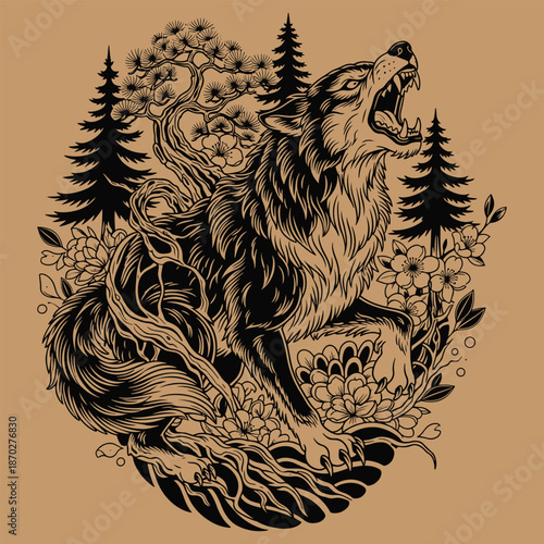 Wolf Howling in Forest Vector Illustration, Vintage Engraving Style