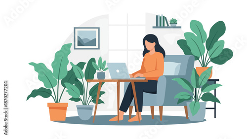 Woman working on laptop surrounded by plants.