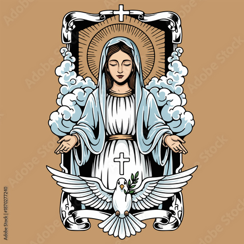 Virgin Mary Vector Illustration with Holy Spirit Dove