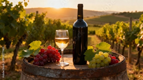 A bottle of wine and glass with grapes on a barrel in a vineyard at sunset