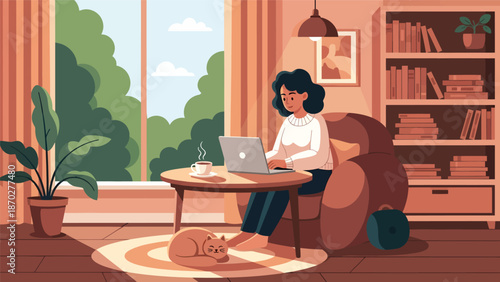 Woman working on laptop with cat sleeping nearby.