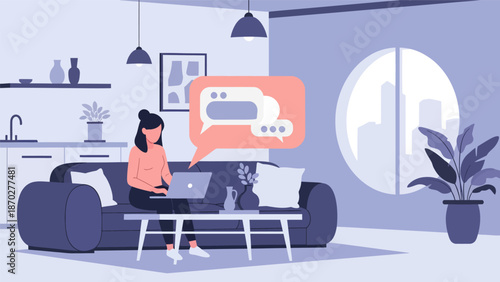 Woman working on laptop with chat bubbles in a modern living room.