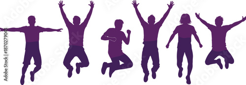Diverse group of enthusiastic people jumping in celebration, purple silhouettes representing team success, joy, freedom, and collective achievement in unity.