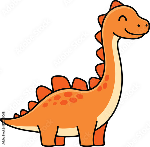 A cartoon illustration of a smiling orange longnecked dinosaur against a white background