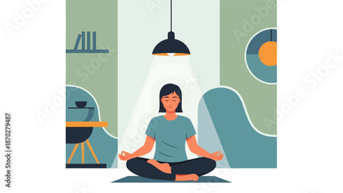 Young woman meditating in a serene and peaceful indoor setting.