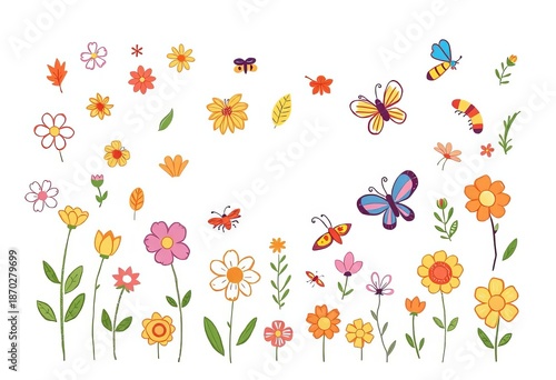 Collection of playful hand-drawn spring doodles including flowers, leaves, insects, and weather elements on a clean background,  isolated,  hand-drawn