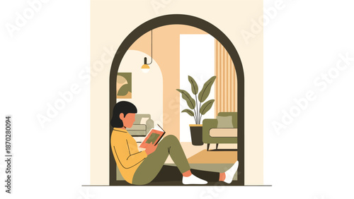 Young woman sitting indoors reading a book.