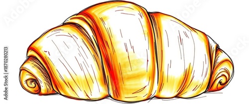 Golden brown, flaky croissant sketched with visible texture and lines,  yummy,  art