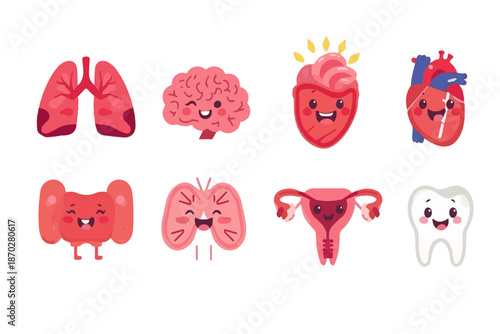 Cute Cartoon Human Organs Set - Adorable Internal Body Parts Illustrations for Science and Health Education