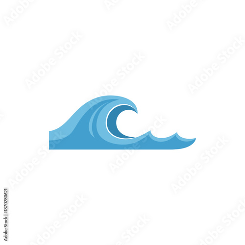 Stylized illustration of a blue ocean wave, dynamically capturing the fluid motion and serene power of water, ideal for travel, environmental, or summer-themed graphic designs