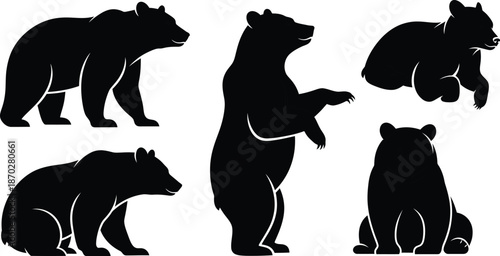 Five black bear silhouettes isolated on transparent background