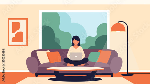 Young woman working from home on laptop.