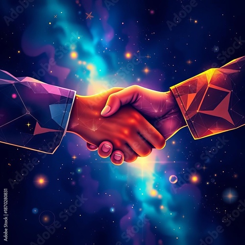 Abstract cosmic handshake, stellar agreement, celestial partnership vector,  network,  agreement