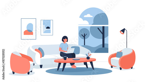 Young woman working on laptop in a cozy living room.