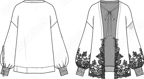 Fashion technical sketch of a women’s oversized cardigan with lace embroidery detail, drop shoulders, puff sleeves, and front ribbon ties.