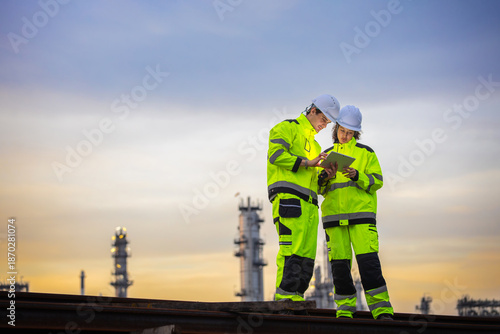 Engineers Using Digital Tablet for Technical Inspection at Oil Refinery Site During Twilight, Multi-Ethnic Engineering Team Collaborating on Energy Project at Industrial Plant Background